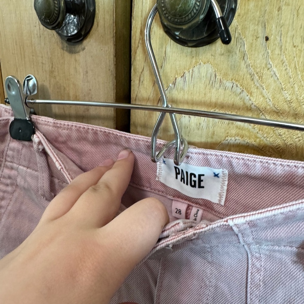 Paige Pink Lilac Utility High Rise Raw Distressed Hem Denim Shorts - Picture 3 of 3